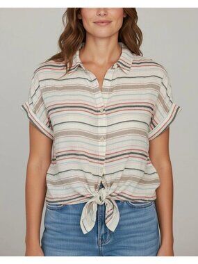 Weatherproof Womens Size L Striped Button-Up Crop Shirt With Tie Detail Vintage